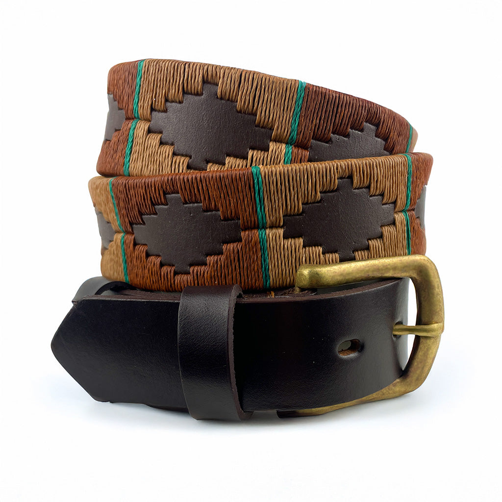 Handcrafted leather polo belt with Red, Green, Blue & Brown thread embroidery and bronze buckle, by Camperos